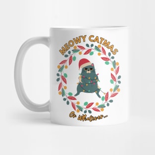 Funny Christmas Cat Tangled in Lights, Meowy Catmas Mug